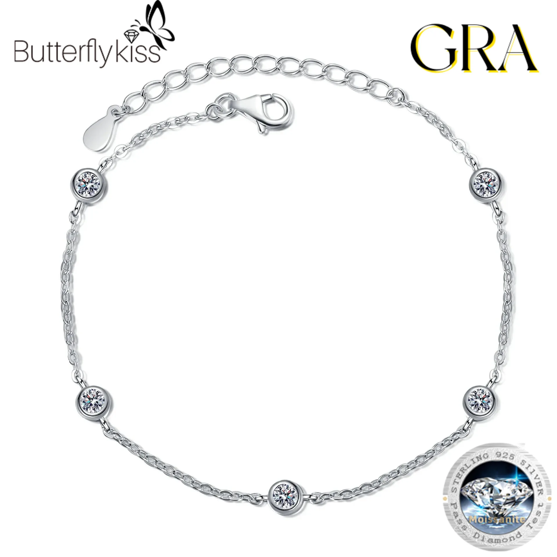 

Butterflykiss 0.5ct Bubble Moissanite Bracelet For Women Sparkling 5 Stones Simulated Diamond Chain 925 Sterling Silver Jewelry