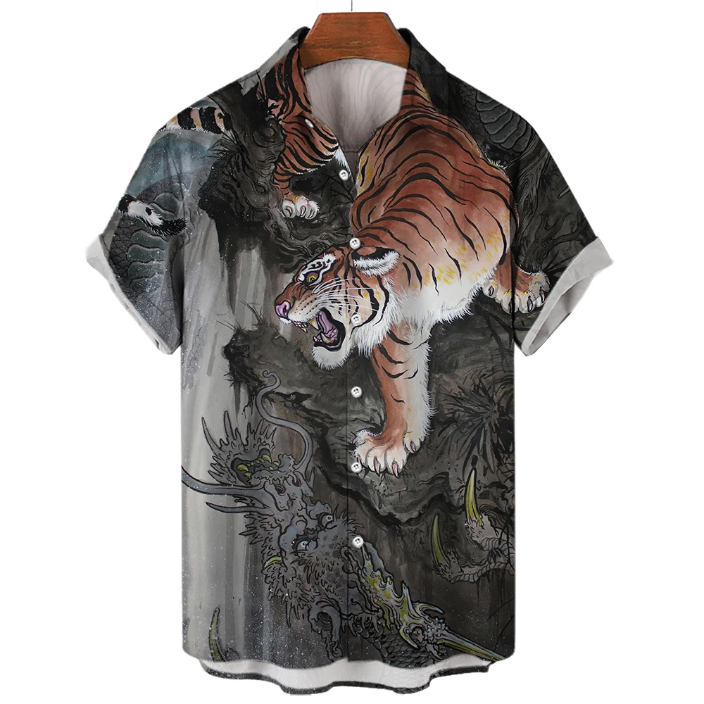 Hawaiian Anime Shirt For Men Tiger Pattern Summer Short Sleeve 3D Print Tops Casual Lapel Clothes Oversized Button Vintage Beach