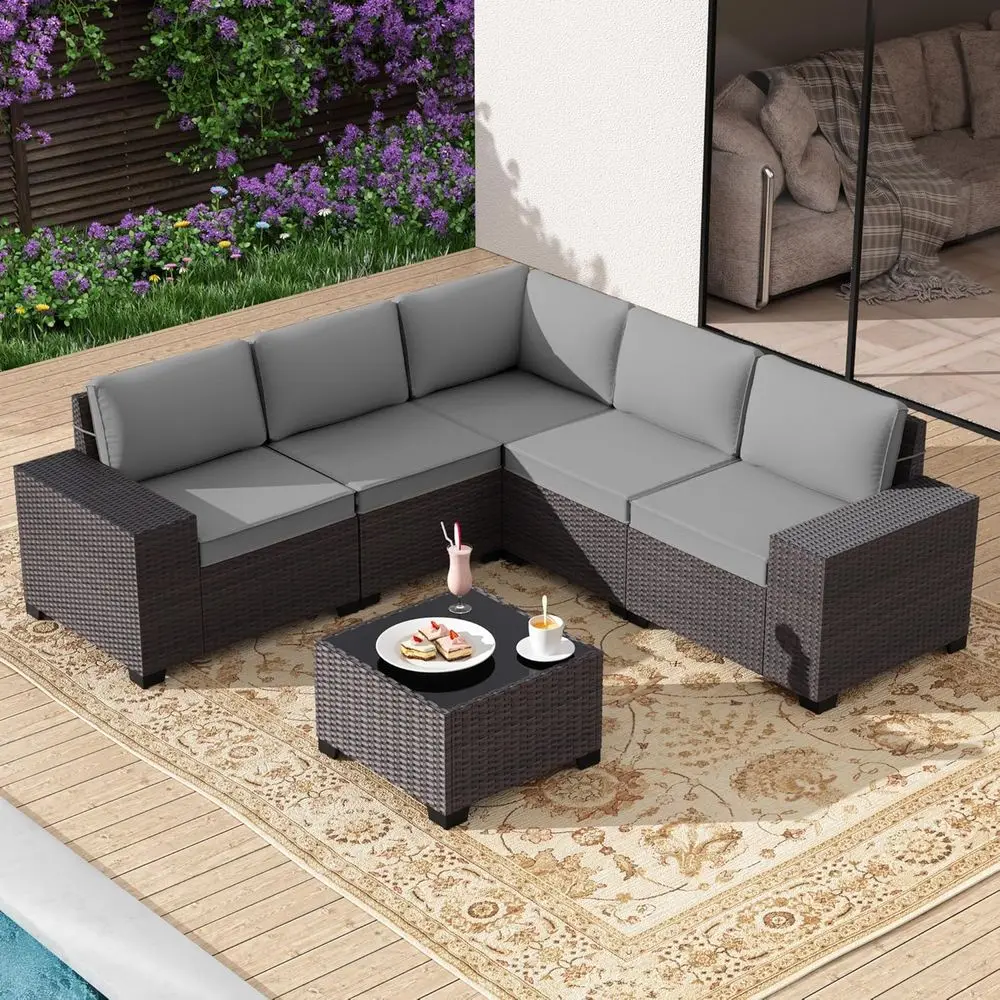 

6-Piece Outdoor Patio Furniture Set with Coffee Table, 5-Seat Rattan Sectional, High Backrest, Waterproof Cushions, Gray