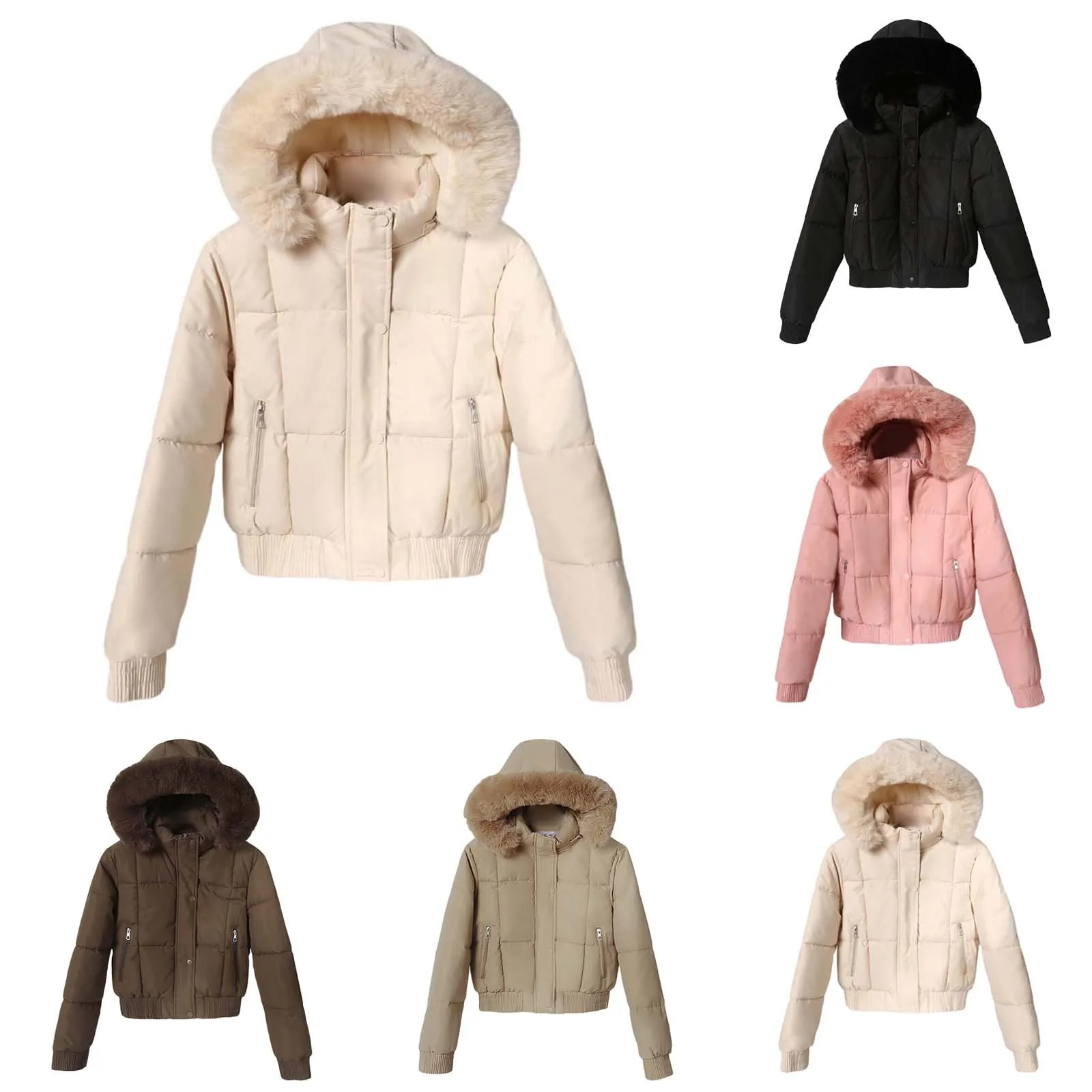 Women‘s Trendy Winter Warm Puffer Jackets Casual Crop Quilted Padded Loose Soft Hooded Coat Light Weight Long Sleeve Outerwear