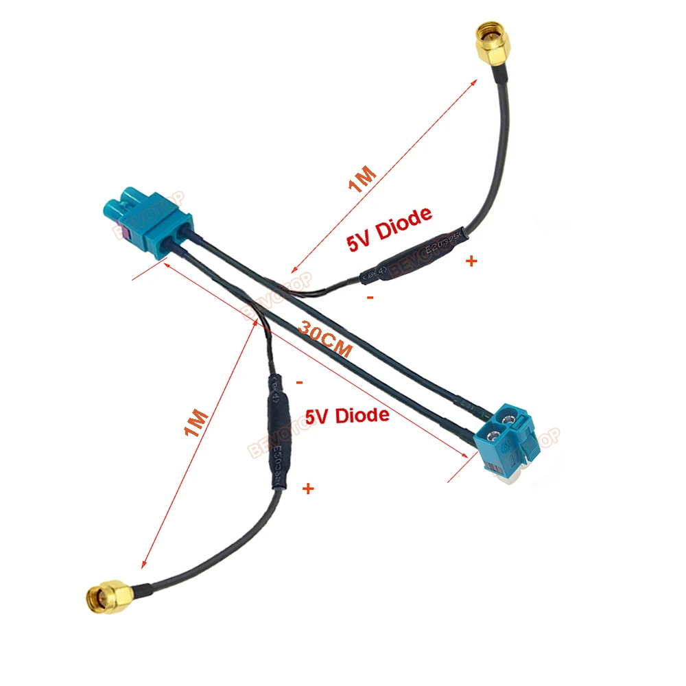 BEVOTOP Twin Fakra Z Male Female to 2 SMA Female Splitter cables With Diode Custom-made RF Coaxial Cable Jumper