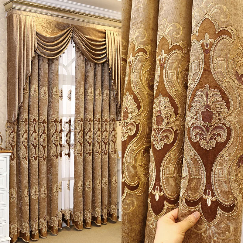 

Custom European Chenille embroidered shading living room thick coffee cloth blackout curtain tulle valance drape C1731