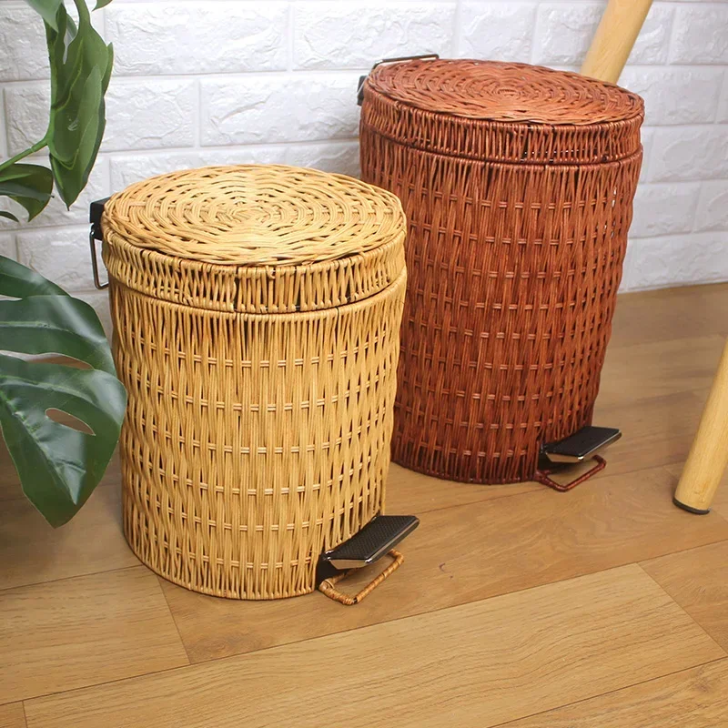 Fashion Rattan Weave Kitchen Trash Can Toilet Bathroom Dustbin Desk Foot Pedal with Cover Garbage Bin Creative Wastepaper Basket