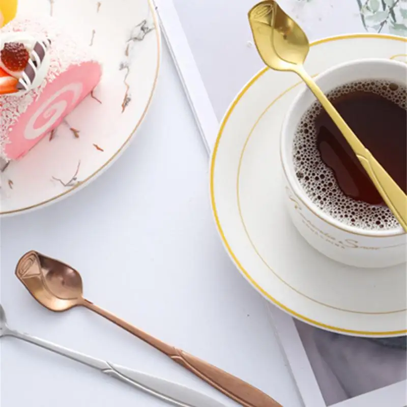 2/4/6PCS Creative Rose Modeling Long Handle Small Spoon Exquisite Rose Pattern Household Supplies Coffee Stirring Spoons