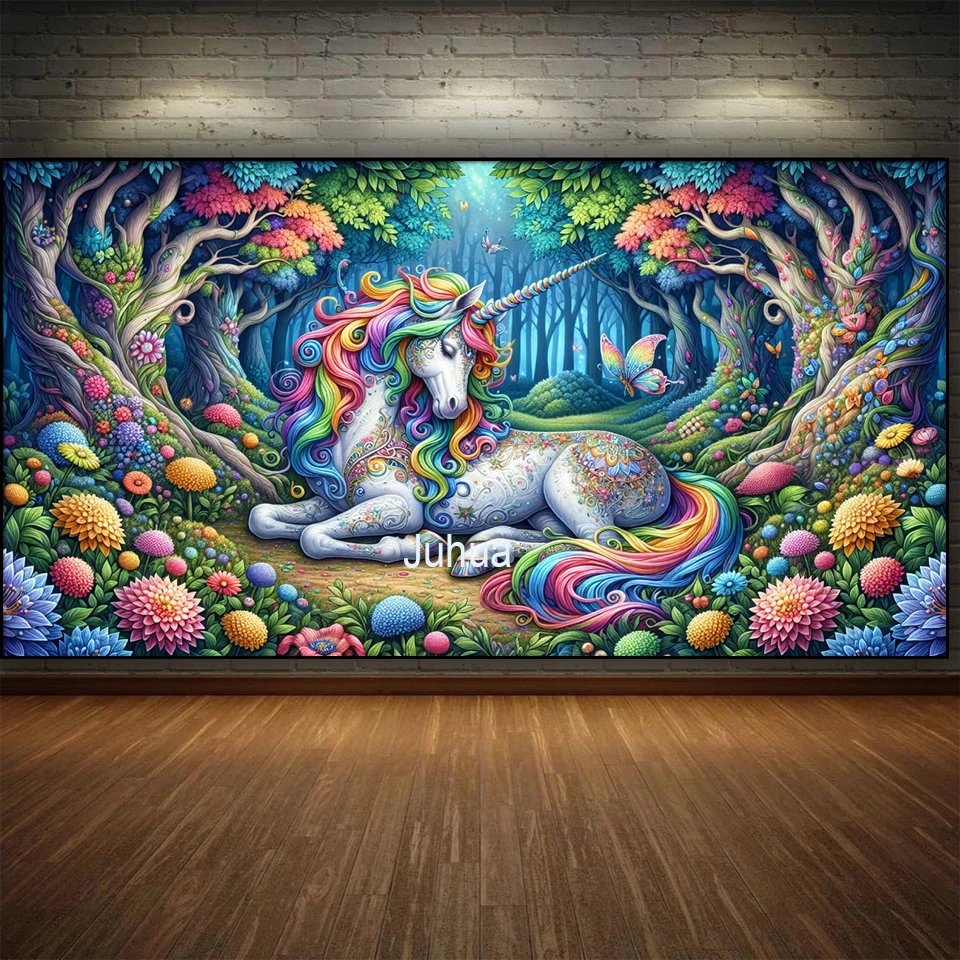 Diy Diamond Painting,enchanted forest majestic white unicorn with vibrant rainbow hair,Full Diamond Mosaic Large Size Home Decor