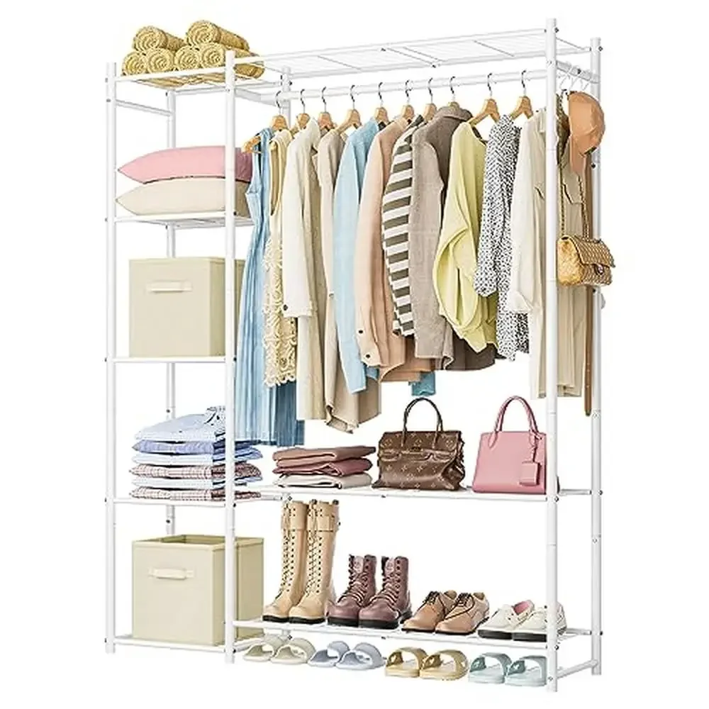 Portable Wardrobe Closet Organizer with 4 Tiers Shelves Hanging Rod Shoe Rack Freestanding Storage System Clothes Handbags Shoes