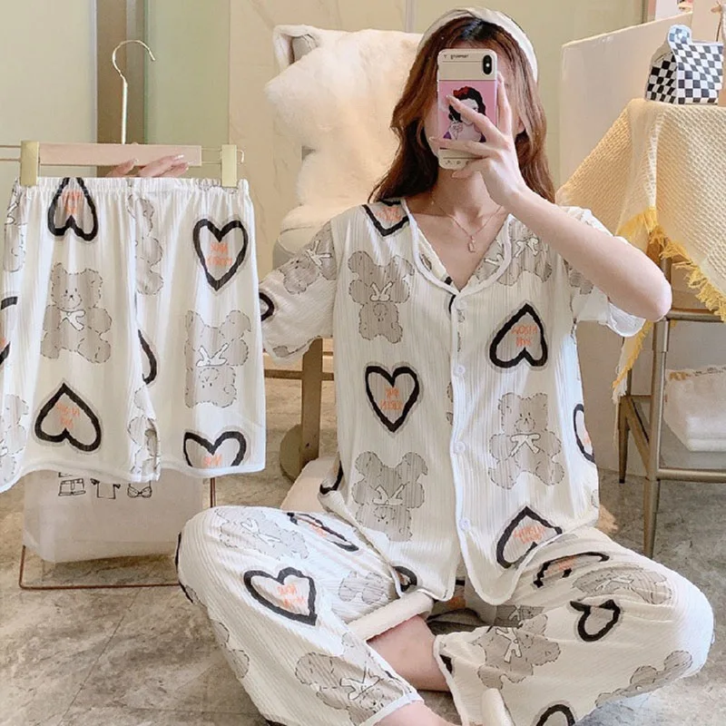 Three-Piece Set Women Sleepwear Silk Short-Sleeved Trousers Pajamas Ladies Cartoon Bear Cherry Lapel Cardigan Sexy Nightwear