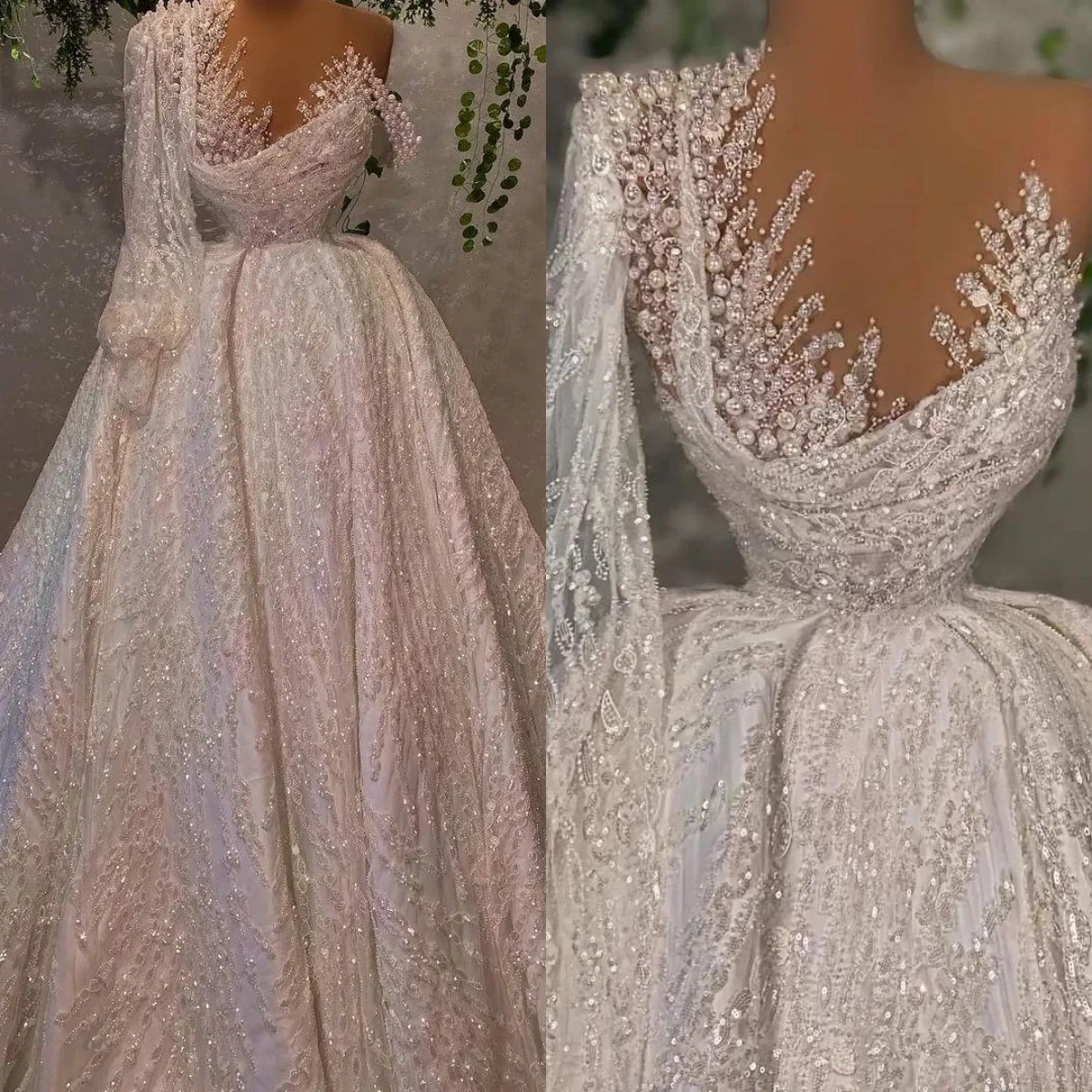 Vestidos de novia de línea A de lujo, vestido de novia de un hombro con perlas y lentejuelas, vestidos de novia con tren de barrido y pliegues brillantes personalizados