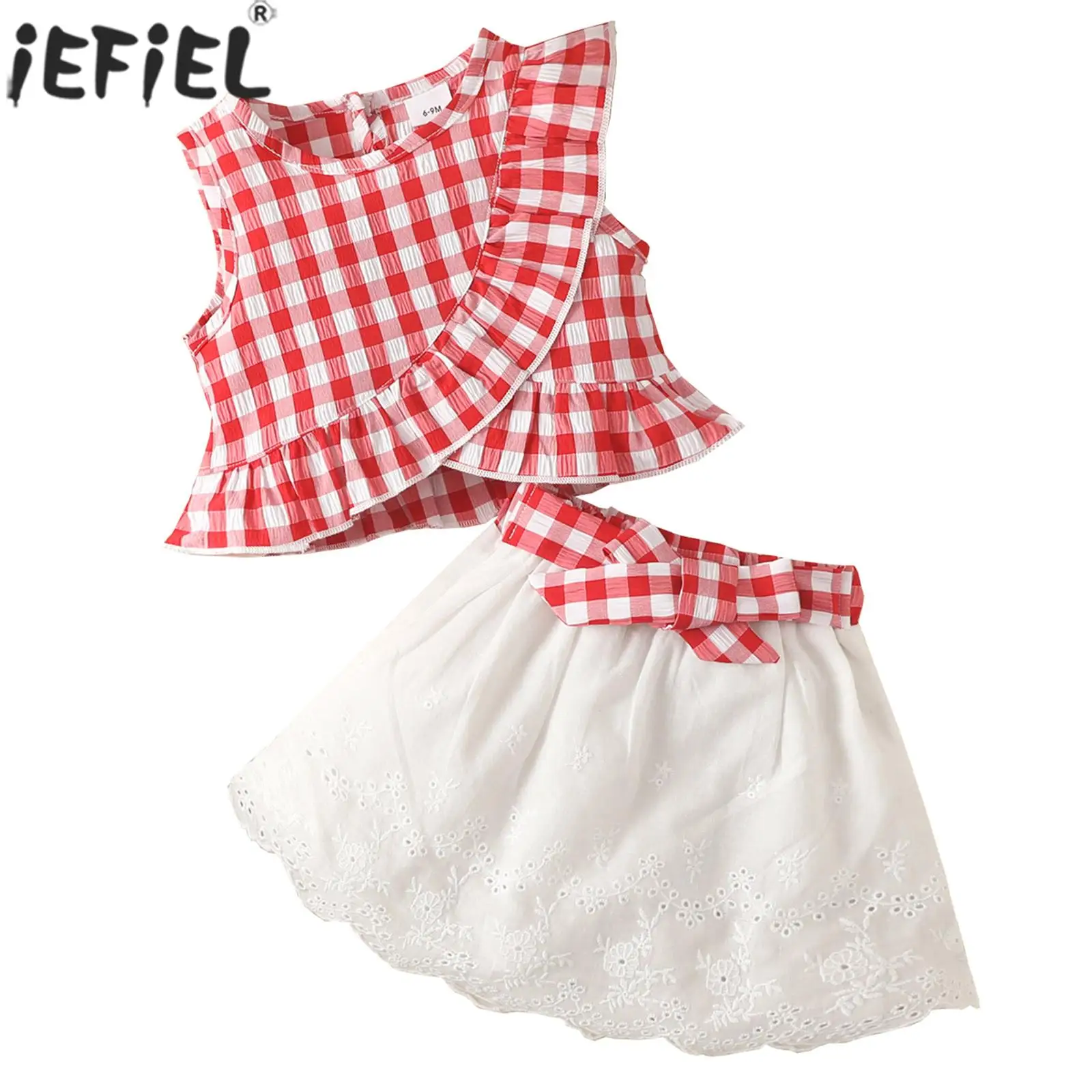 

Children Clothing Set Girls Casual Preppy Style Outfit Sleeveless Ruffle Plaid Top with Skirt Tutu Loungewear School Daily Wear