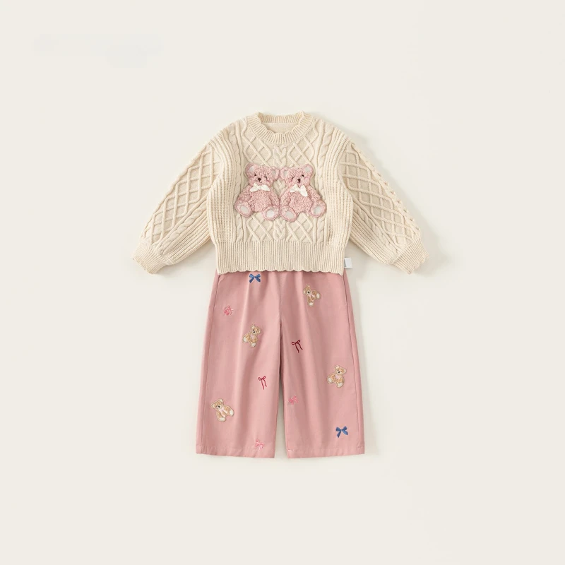 2025 New Autumn/Winter Children's Diamond Checkered Little Bear Pattern Warm Sweater and Cotton Pants Two Piece Set