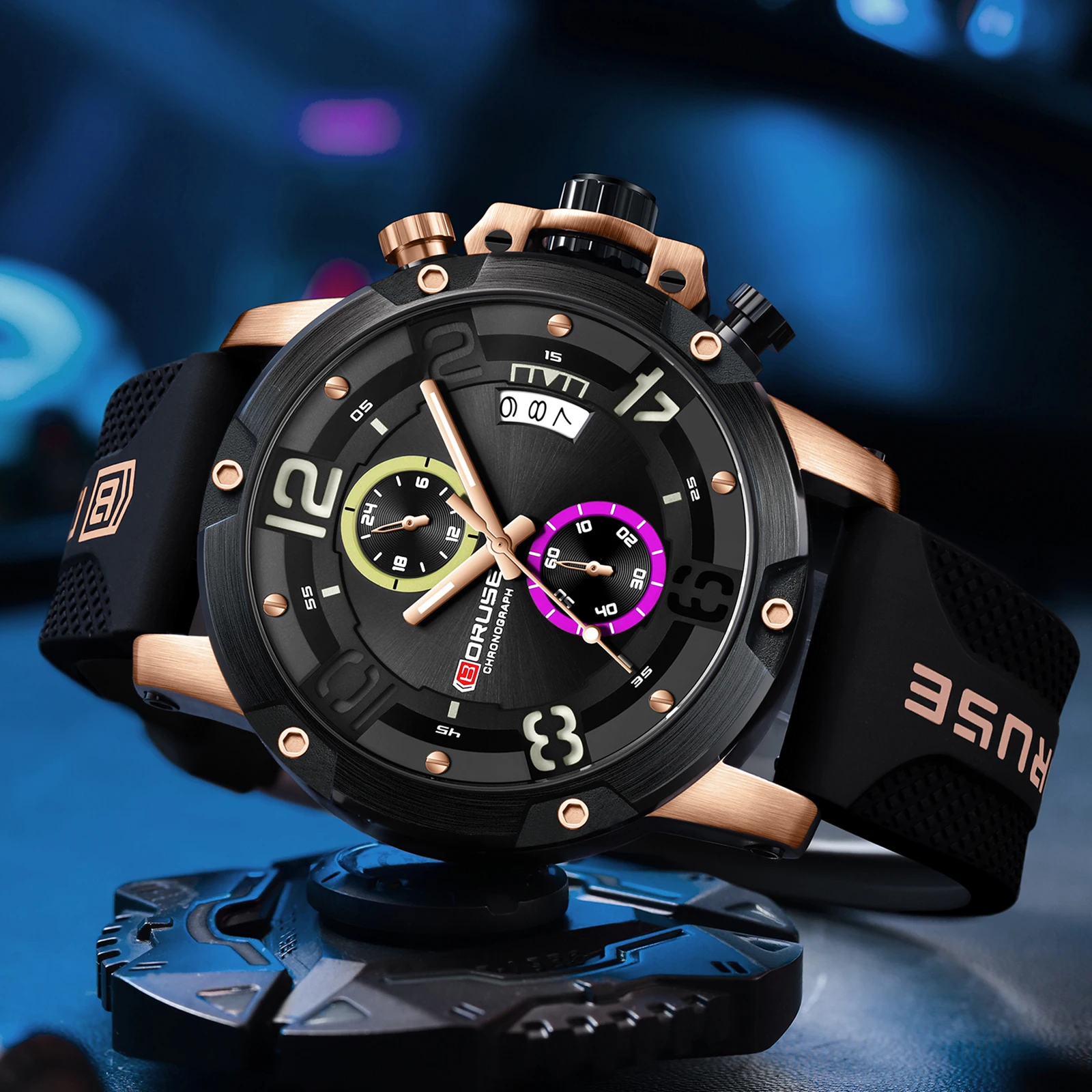 BORUSE Fashion Mens Sports Black Watches Quartz Watch Luminous Man Silicone Chronos Business Wrist Watches Waterproof