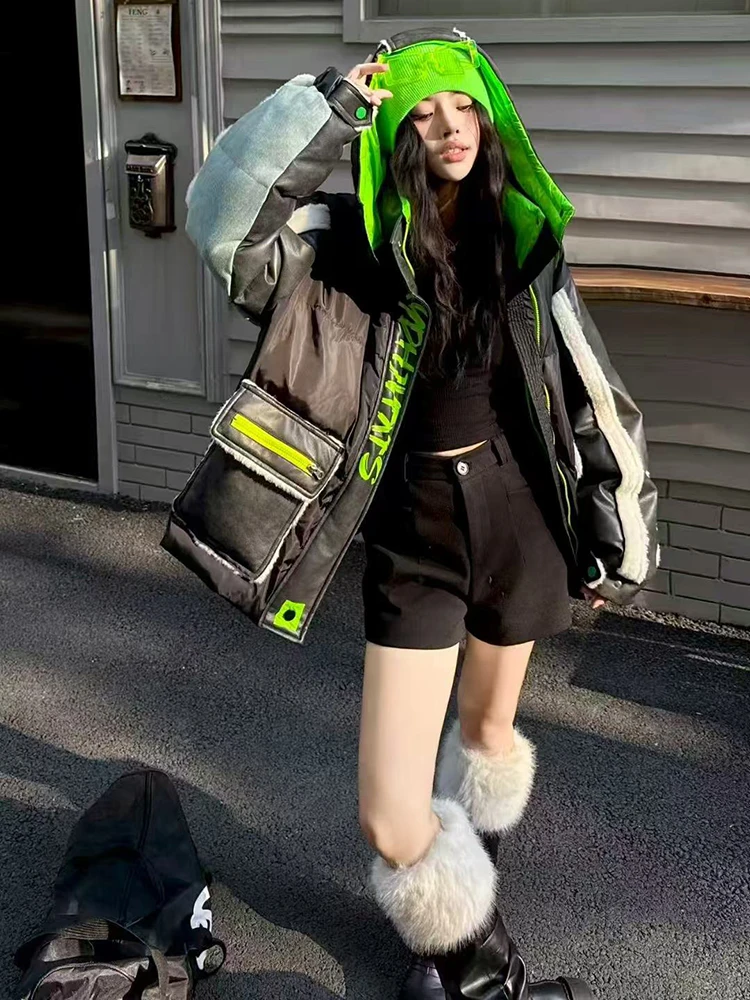 Winter Abnehmbare Kapuze Brief Unten Jacke Weibliche Warme Zipper Stepp Jacke Frauen Weiße Ente Unten Patchwork Parker Outwear Mantel