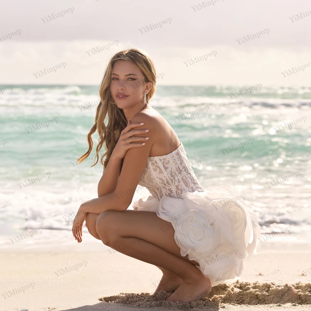 فساتين زفاف قصيرة أنيقة للمرأة العروس زهور صغيرة حديثة مصنوعة يدويًا دانتيل بدون أكمام فيستدو دي نوفيا مخصصة 2026