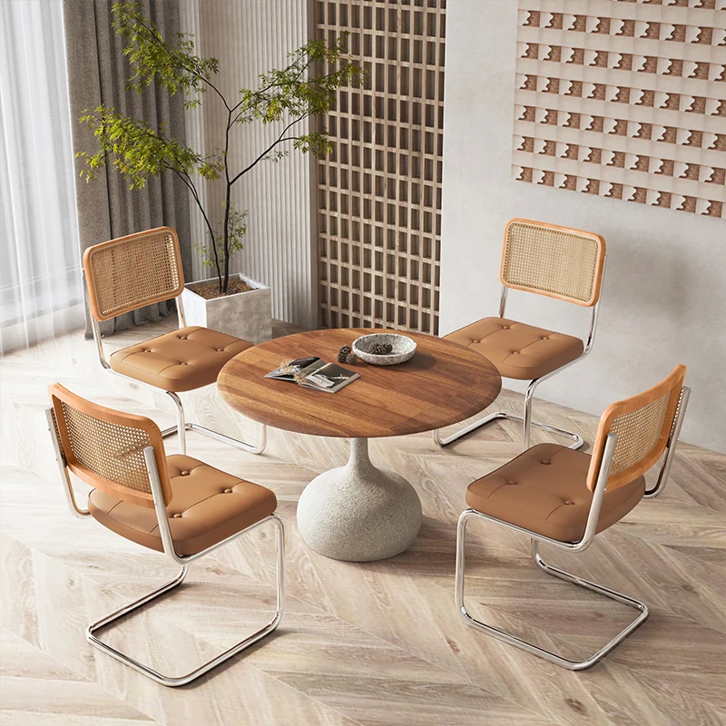 

Mid-Century Modern Dining Chairs Solid Wood Rattan Dressing Stool Stylish Designer Chair for Cafe Retro Restaurant Backrest Seat