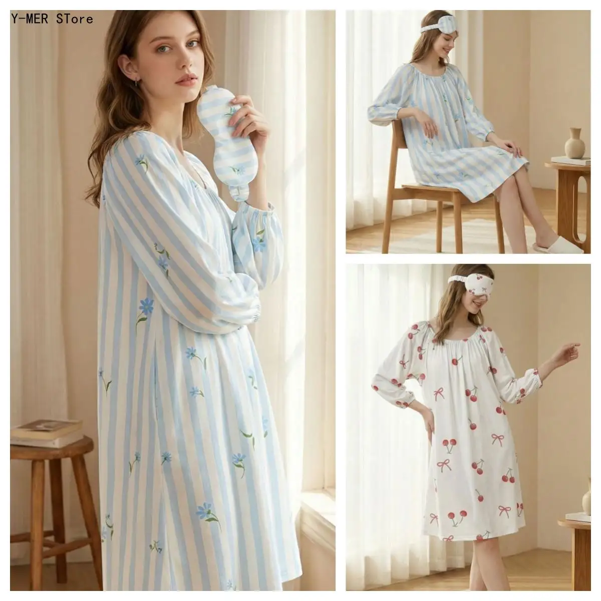 Women Summer 100% Cotton Double Layer Gauze Nightgown Long Sleeve Elegant High Sense Sleep Dress Ladies Loungewear Pajama Dress