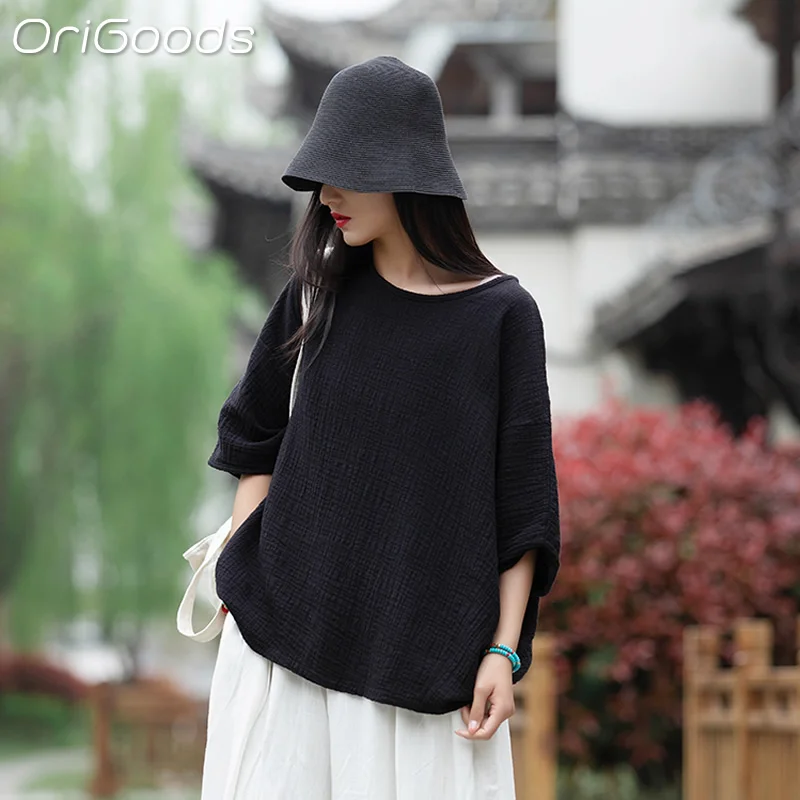 

OriGoods Oversized Blouse Women 2024 New Summer Cotton Blouses Loose Oversize Style Casual Shirt Zen Large Size Tee Tops B048