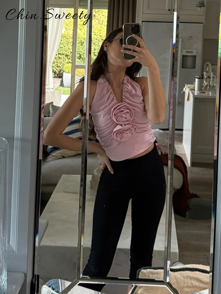 Casual 3d flor halter ruched camisa feminina sólida com decote em v sem mangas magro colheita topos feminino 2025 primavera verão senhora chique colete novo