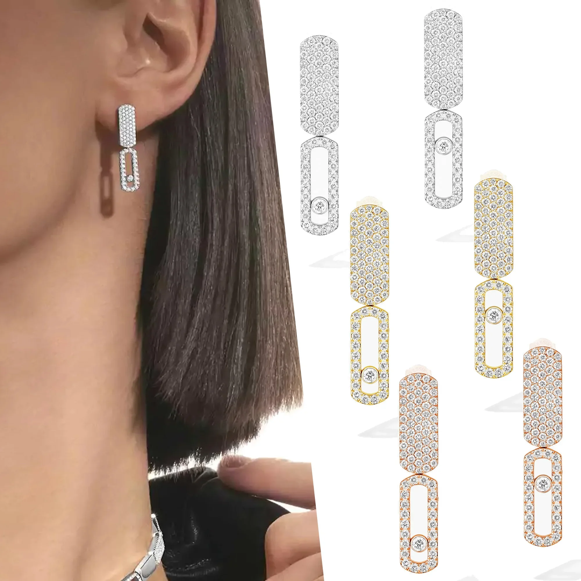 Pendientes De Mujer De Doble Marca Con Diamantes Deslizantes Geométricos, Serie IMPERIAL MOVE Messik Home, Joyería De