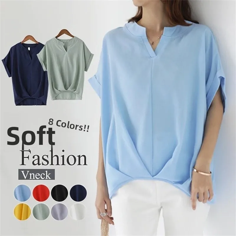 

Summer 2025 Women's Loose Cotton Linen irt V-ne Batwing Sve Pure Color Casual Sle plus Size Slimming Top