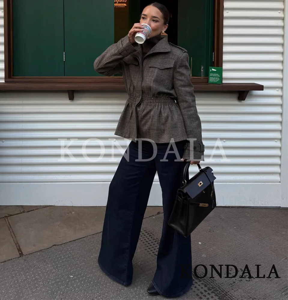 KONDALA-Chaqueta mezclada informal Vintage para mujer, chaqueta a cuadros con cintura ajustada y cuello levantado, chaqueta elegante para ir al trabajo a la moda para primavera 2026