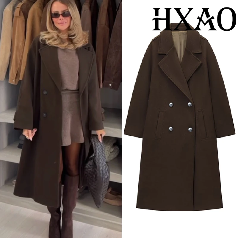 

HXAO Tweed Women's Coats Faux Wool Coat And Mixtures Long Brown Coat For Women Double-Breasted Oversize Woman Winter Coats