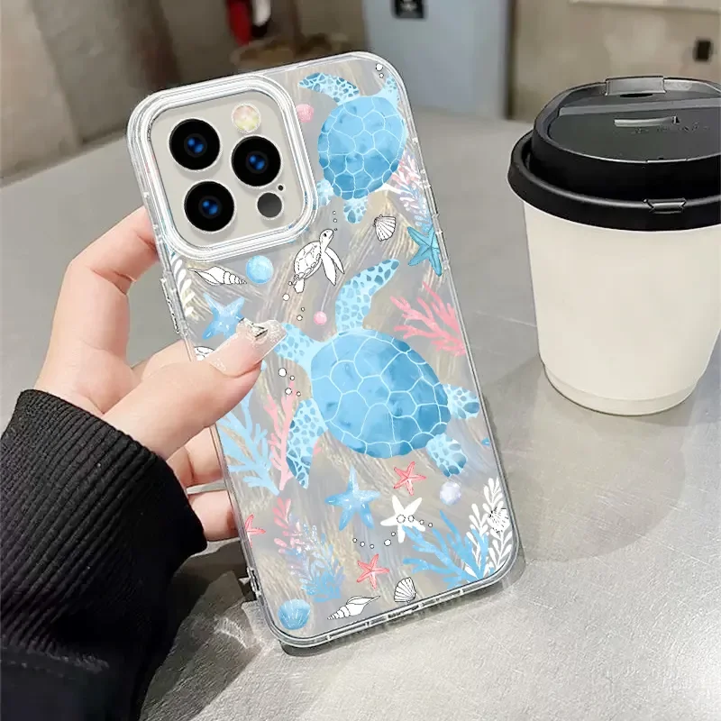 ins Ocean Turtle Pattern Phone Case For iPhone16 Pro Max15 14 13 12 11XR XS Max7 8 Plus Y2K Cartoon Comic fall protective shell