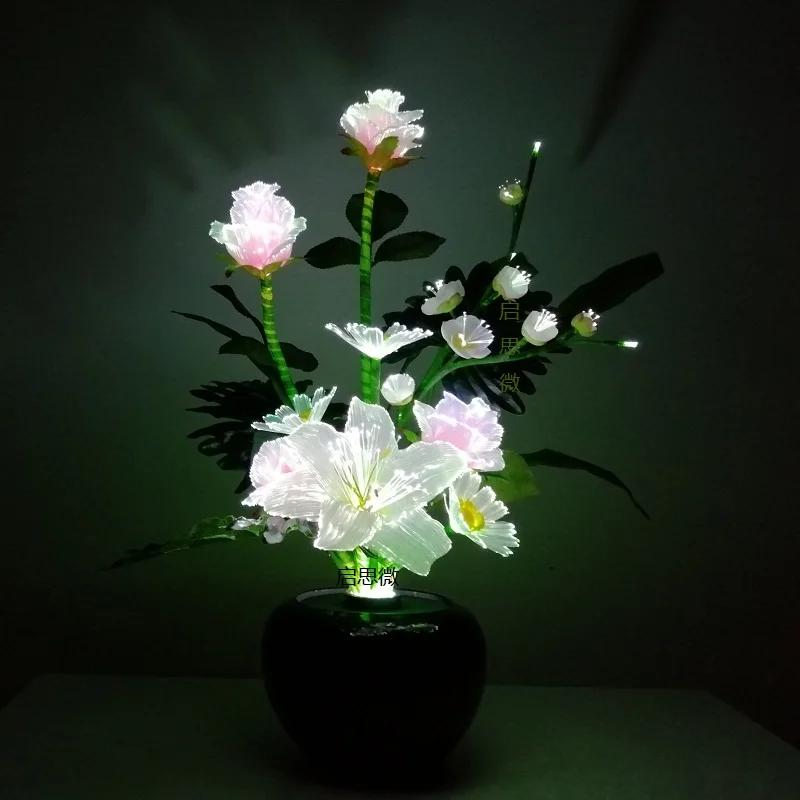 Led fiber optic lights Artificial Flowers Silk flower European Fall Vivid Peony Rose Tulips Fake Leaf Creative Led lamp