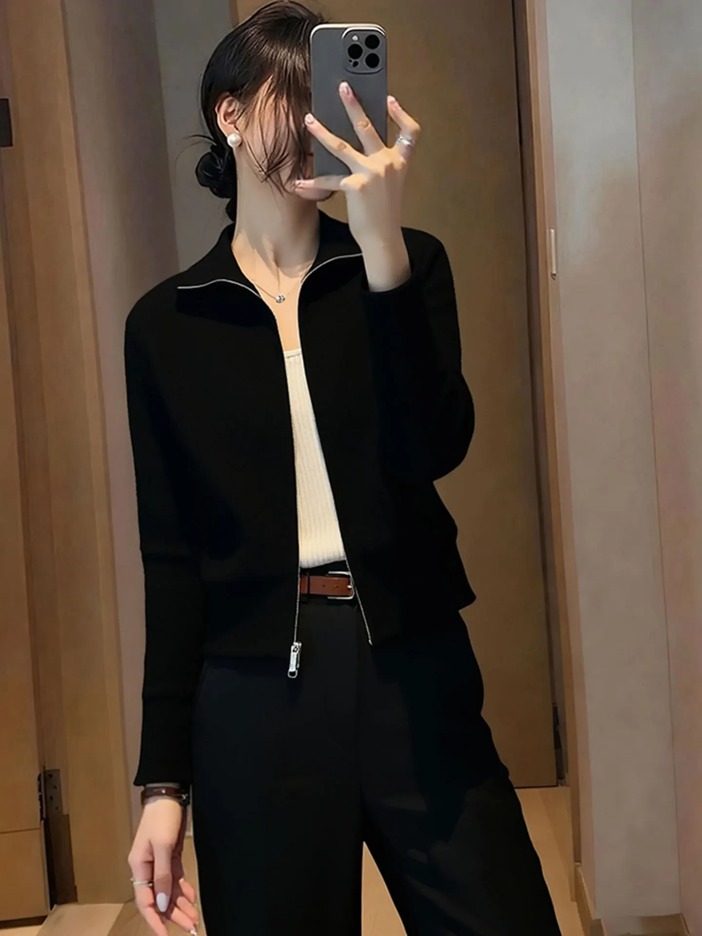 Coréen Sle Long Sve Camere fermeture éclair tricoté ouvert Cardigan hiver trajet polyvalent vêtements d'extérieur pull haut pour les femmes