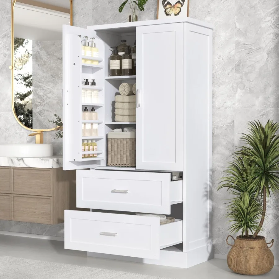 

Tall Bathroom Storage Cabinet Cabinet with Two Doors and Drawers Adjustable Shelf MDF Board Two Packages