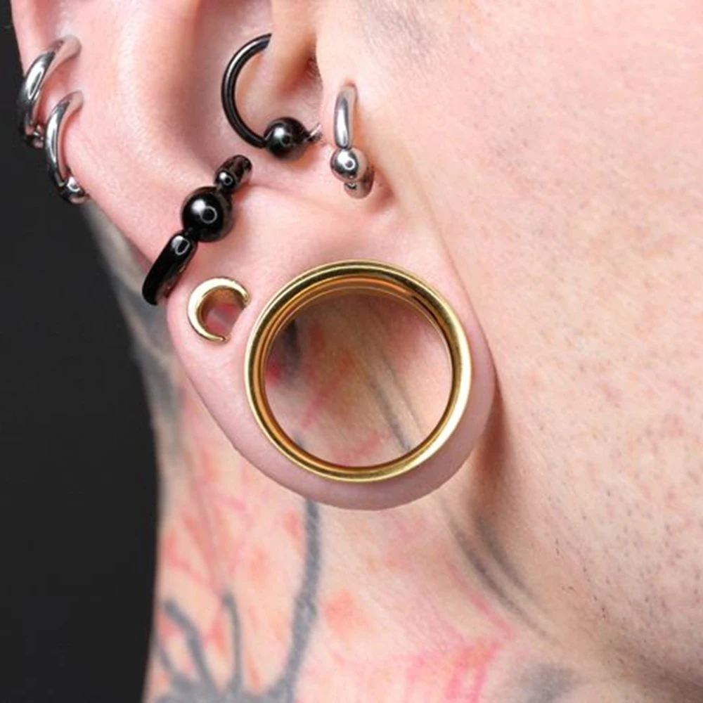 2-1PCS 2-in-1 Double Color Black&Gold Holow Flared Internal Thread Ear Tunnels Steel Gauge Strecher Expansion Saddle Ear Plugs