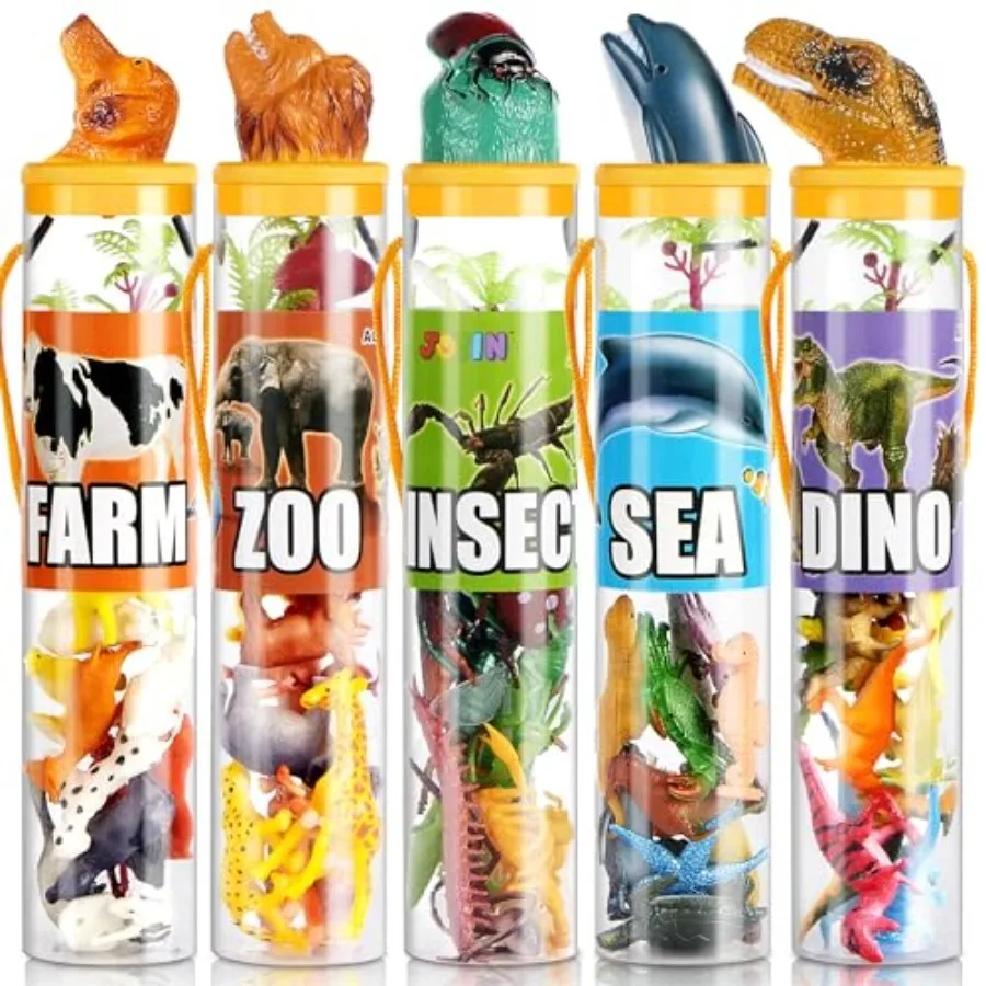 

69 Pcs Small Animal Figures, Mini Jungle Toy Set with Sensory Bin, Realistic Wild Forest Playset, Zoo, Ocean, Farm Animals Figu