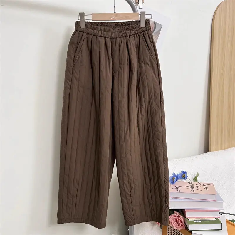 

Large Size Straight Leg Pants For Women Winter 2024 New Elastic Waist Vertical Loose Versatile Warm Casual Cotton Trousers A301