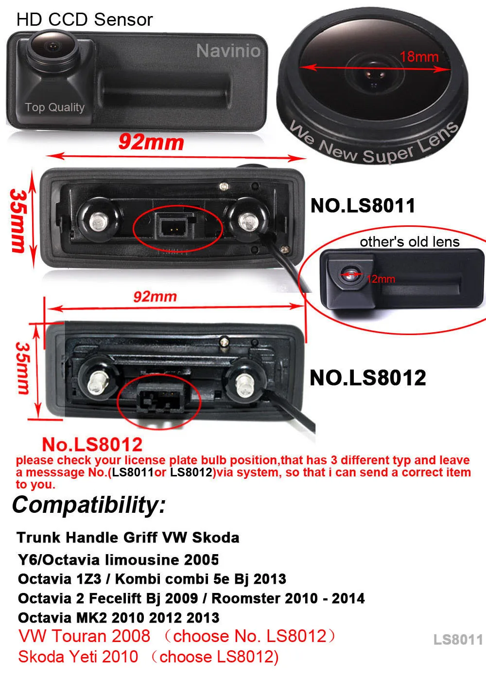 1280*720 Pixels 1000TV line  Car trunk handle Back Up Rear View Camera For VW Skoda Superb Yeti Fabia Octavia Audi A1