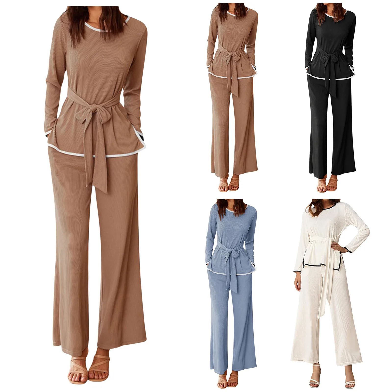 Conjunto informal de 2 piezas para mujer, Top con cuello redondo y pantalones de pierna ancha, ropa de dormir elegante, otoño