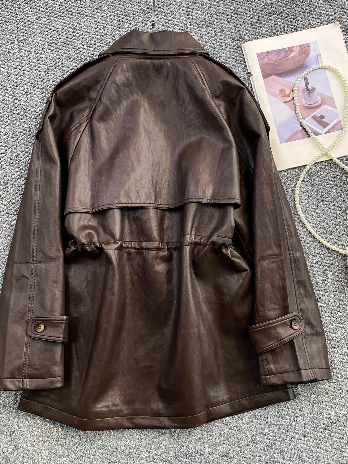 معطف Bury Retro للدراجات النارية من الجلد Jaet للنساء للشتاء طويل رائع وزر إغلاق ملابس خارجية فضفاضة قابلة للتنفس #4