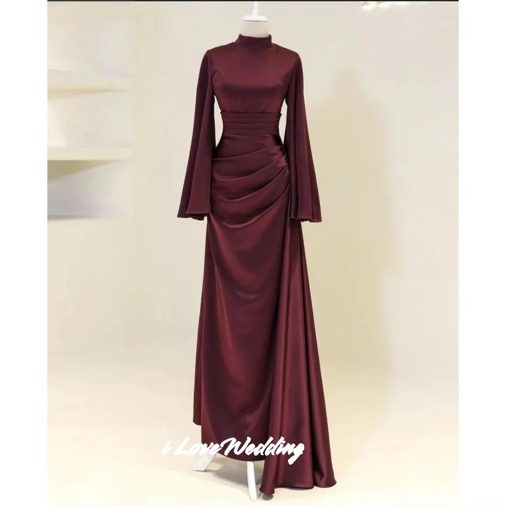 Red High Neck Evening Dresses 2025 Satin Long Sleeve Mermaid Floor-Length Pleated Prom Dress Wedding Party Dresses Customized