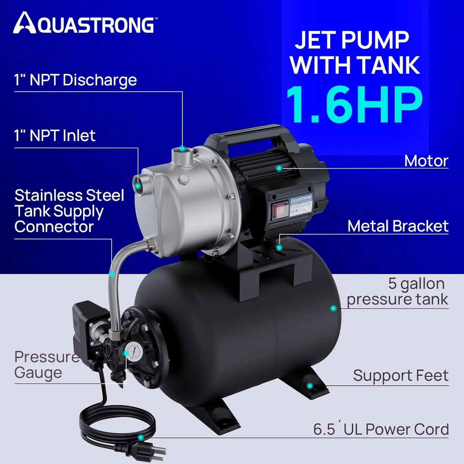 Imagem -03 - Raso Bem Bomba com Tanque de Pressão Impulsionador Automático da Água 1320gph 115v 1.6hp Aço Inoxidável