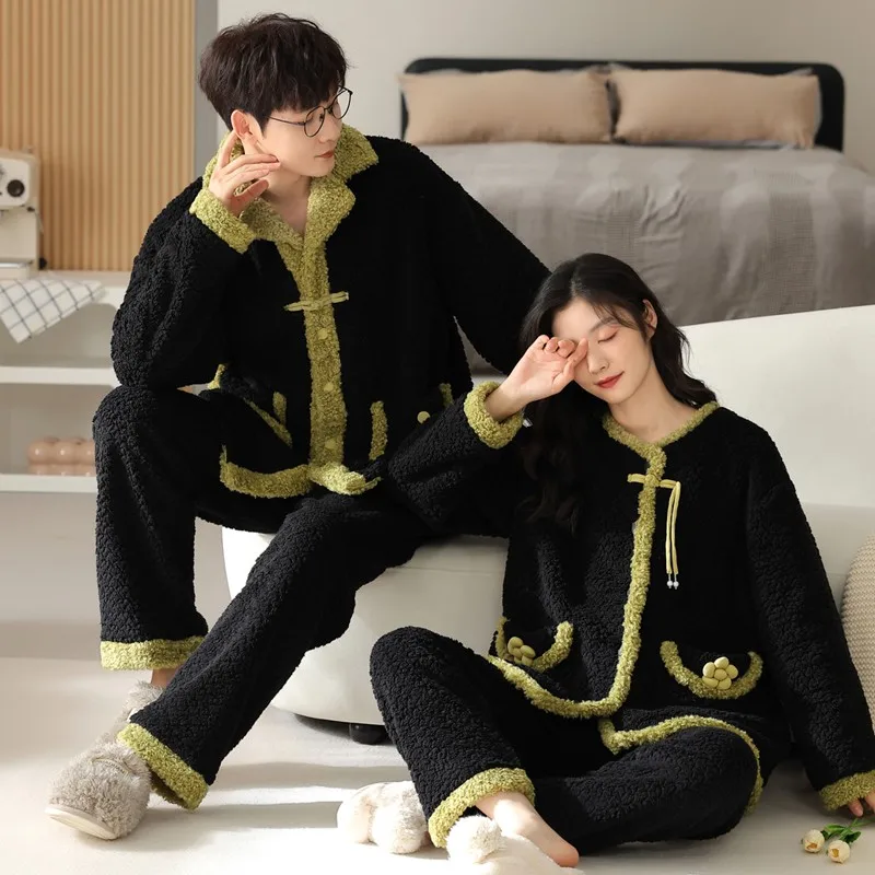 Newest Couple Pajamas Set Winter Women Men Warm Flannel Pijama Lovers Turn-down Collar Home Clothing