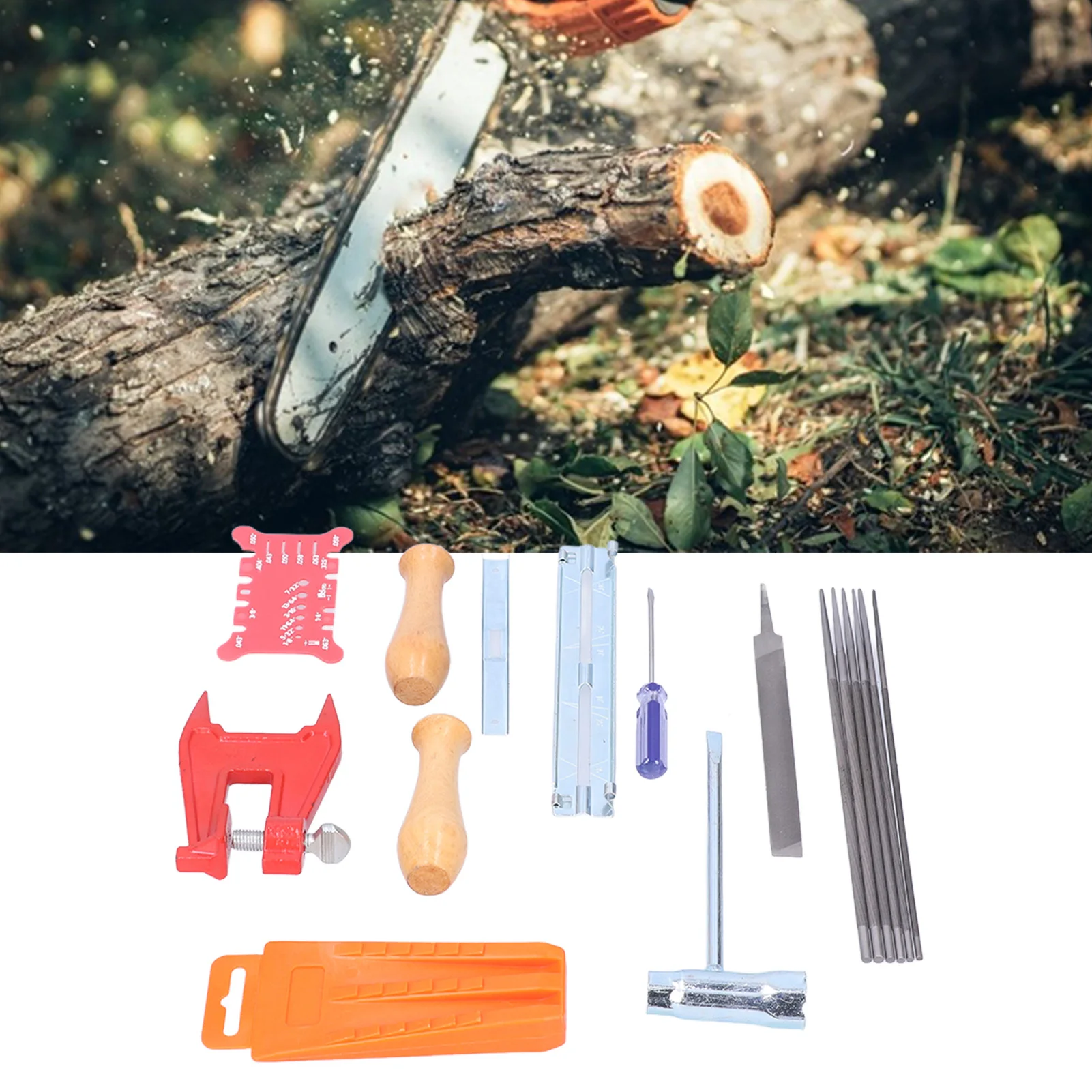 

16PCS Chainsaw Chain Sharpening Kit Flat Round Files Handles Felling Wedge Set