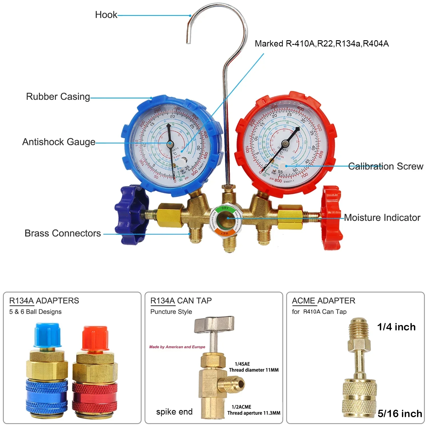 Refrigerant Manifold Instrument Cluster, Air Conditioner Diagnostic Tool, R410A, R22, R404A, R134A Hook Tube