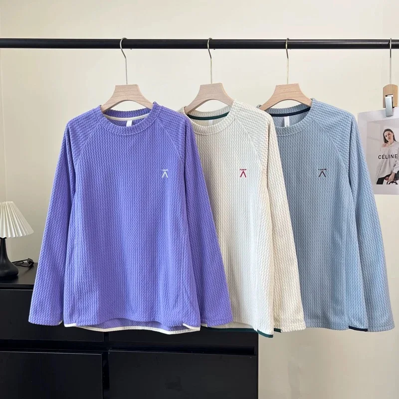 Couples Outdoor Mountain System Loose Feel Embroidered Wave Pattern Fleece Long Sleeve Sweatshirt T-Shirt Hoodie Casual Cotton