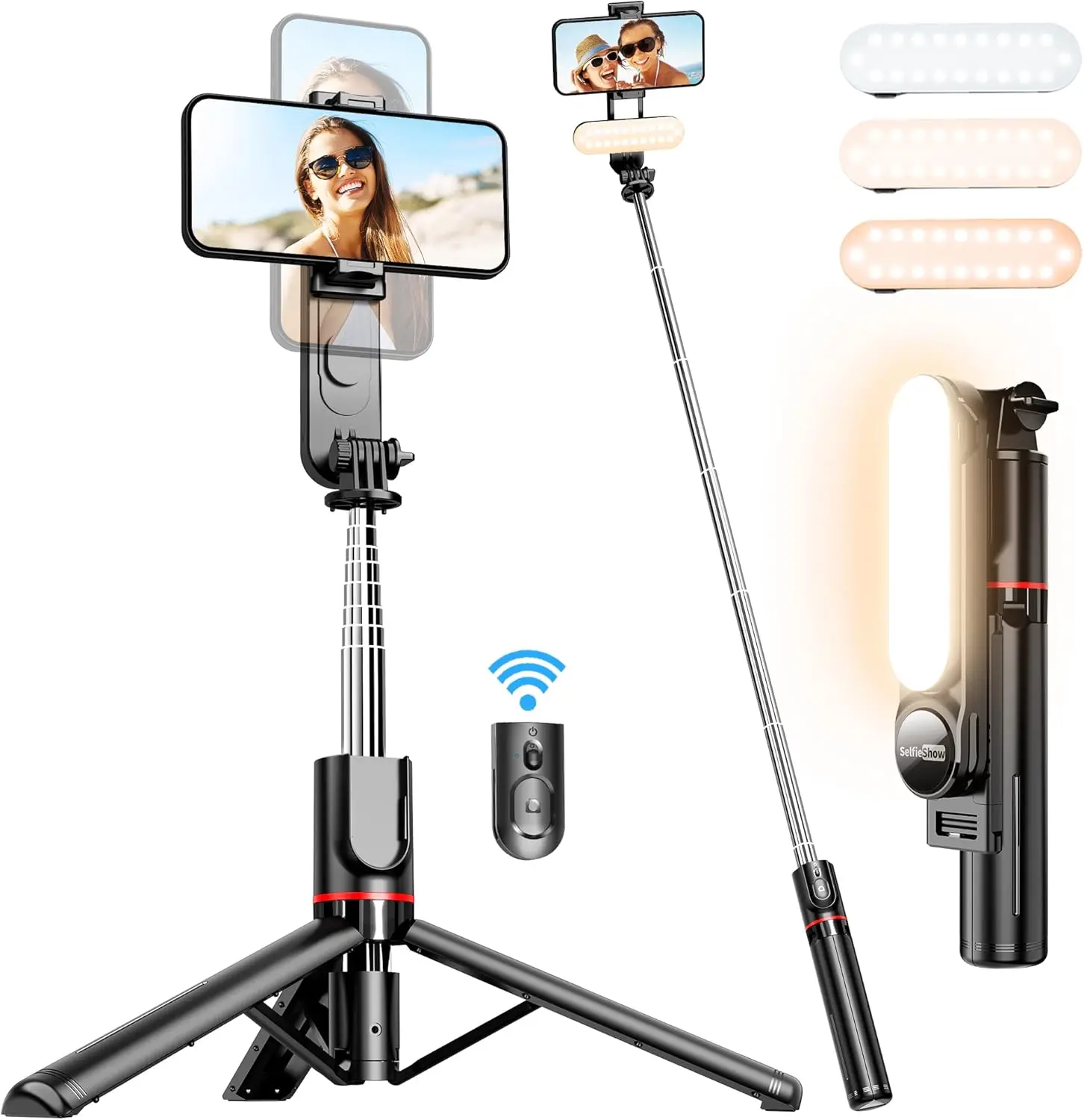 44" Extendable Selfie Stick Tripod with Fill Light and Wireless Remote for iPhone Samsung Smartphone