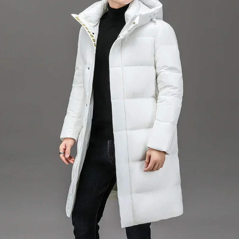 Winter New White Duck Down Thick Black Gold Down Jacket Men's Medium and Long High-end Leisure Warm Hooded Coat Clothing