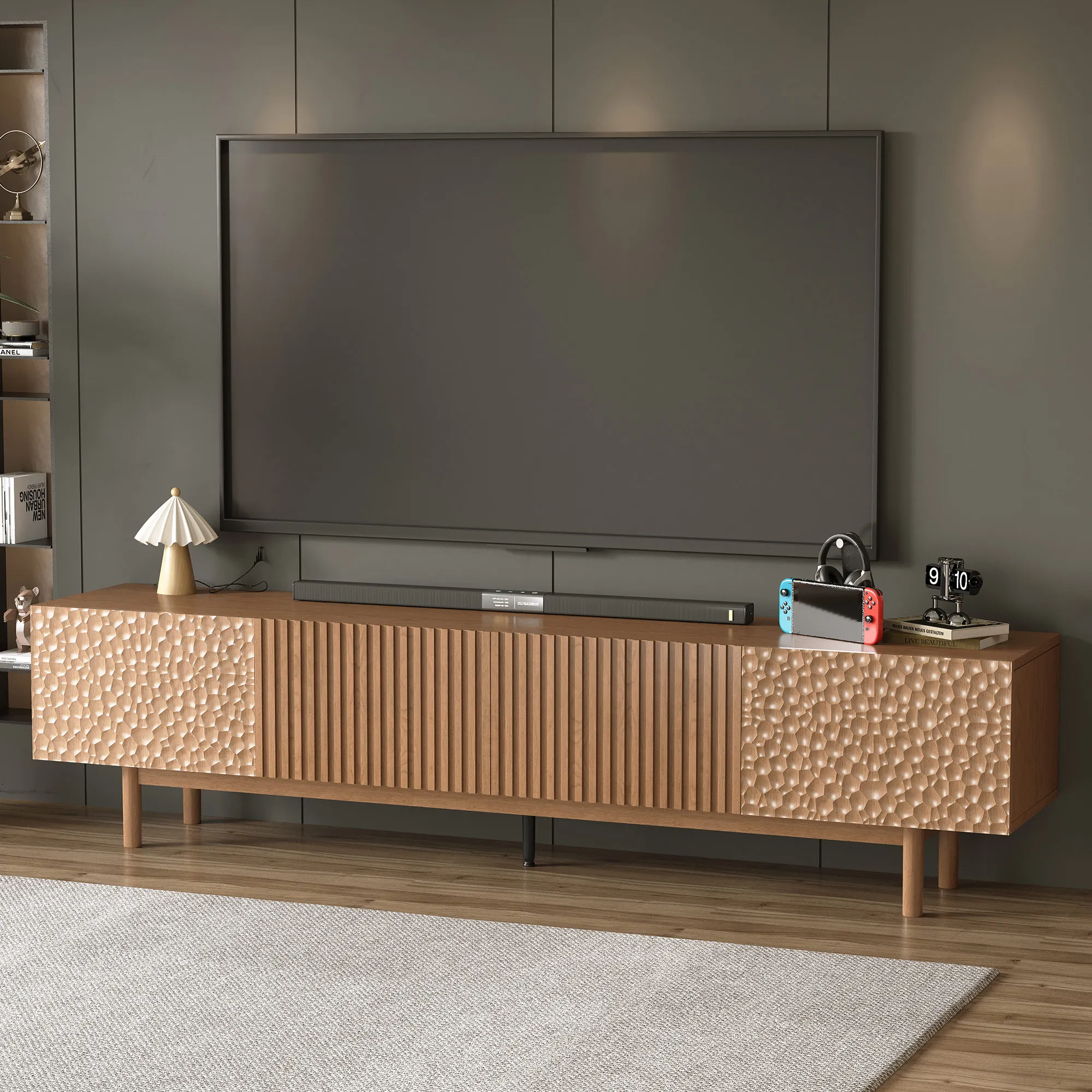 

86.61-inch Mid-Century Modern TV Stand Entertainment Center, Media Console with Cable Management Design in Walnut Finish.