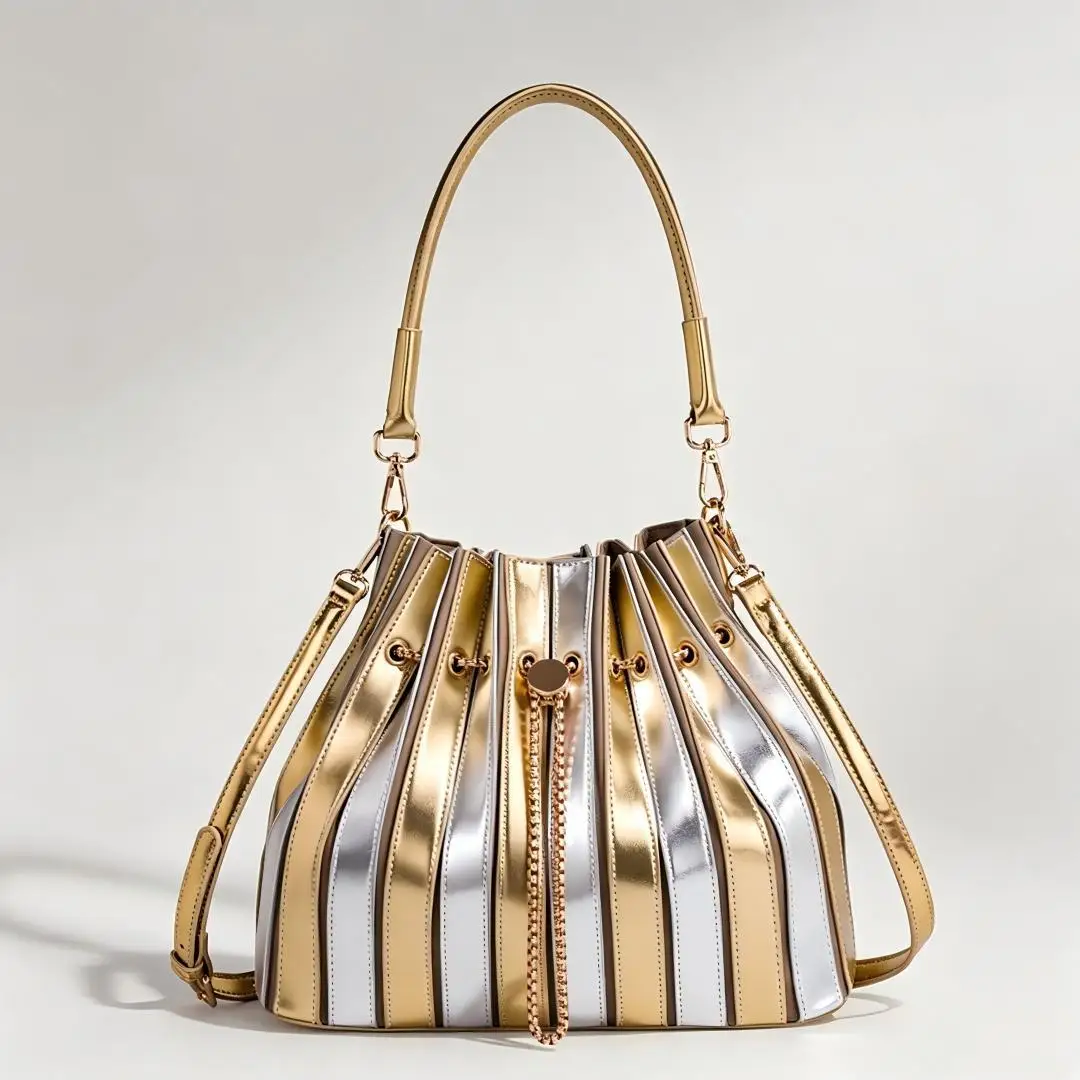 2026 new metallic luster pleated shoulder bag women's fashion versatile drawstring bucket bag commuter messenger bag