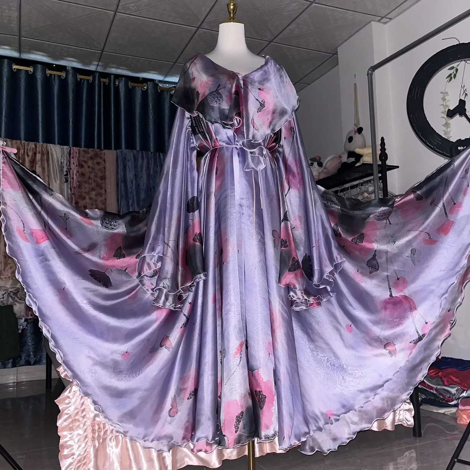 Błyszcząca Fioletowa Satynowa Sukienka Maxi z Jedwabiu dla Kobiet, Luźna, z Długim Rękawem, Plus Size, Seksowny Szlafrok do Spania