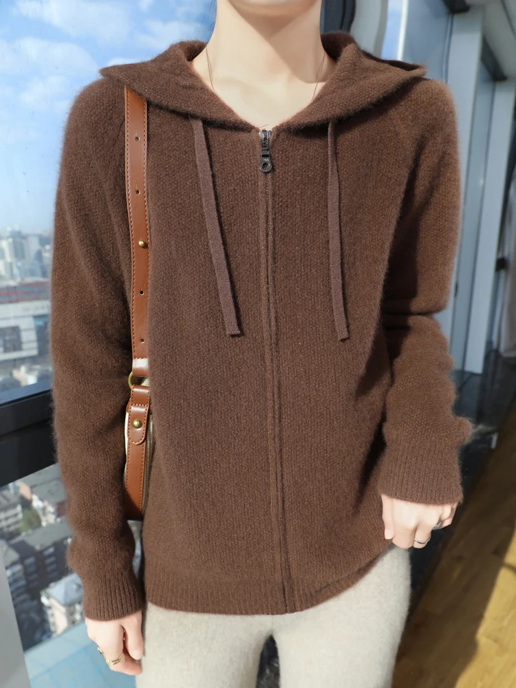 2024 Fashion Women Zippers Hooded Cardigan Autumn Winter Thick Casual Loose Style Cashmere Sweater 100% Merino Wool Knitwear Top