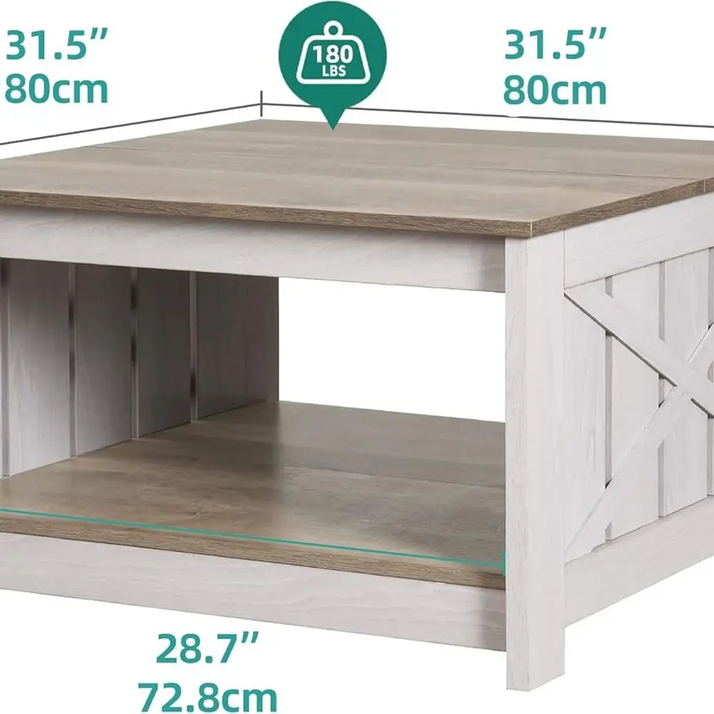 Rustic Grey Wash Square Farmhouse Coffee Table with Half Open Storage for Living Room