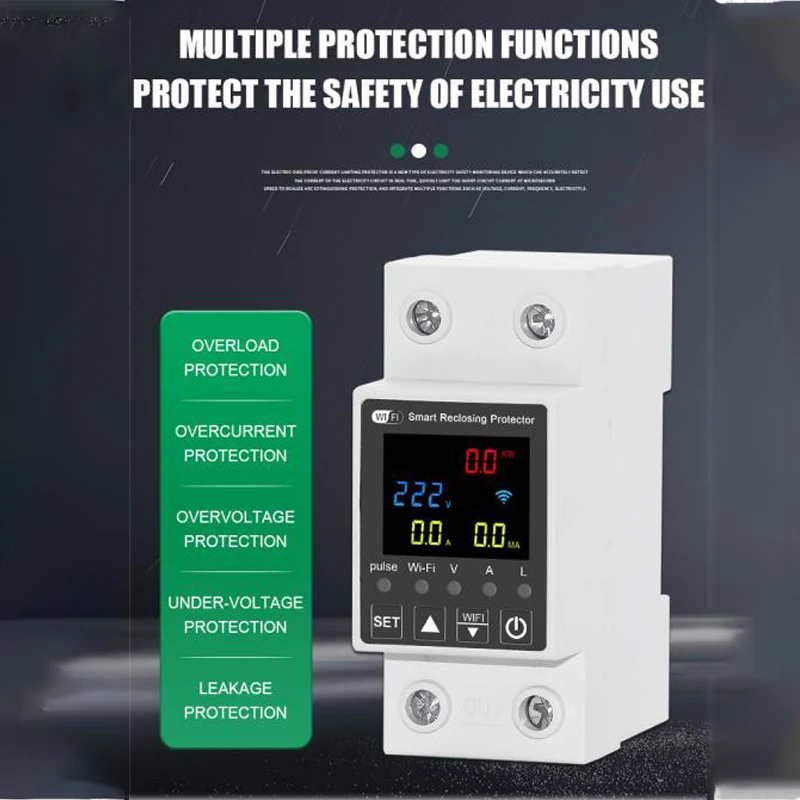63A WiFi Smart Leakage Over Under Voltage Protector Relay Device Switch Breaker Energy Power kWh Meter with Alexa Google Home