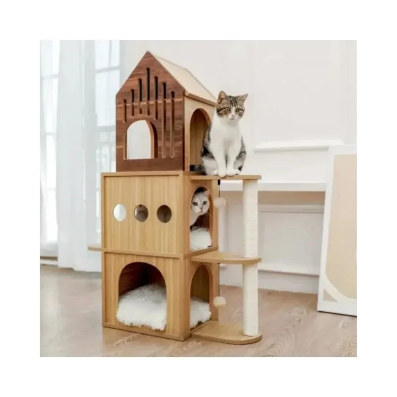 Solid Wood Cat Climbing Frame Cat Tree Tower Scratching Column Scratching Board Jumping Platform House Condo for Cats